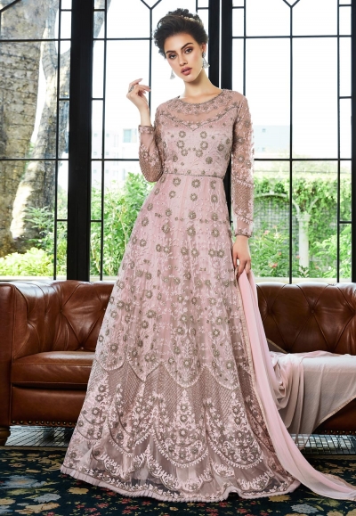 Pink net embroidered abaya style anarkali suit  4535